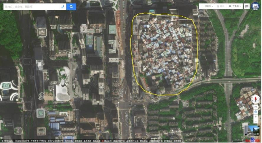 百度地図の衛星写真で見つけた城中村の深圳市福田区崗厦村