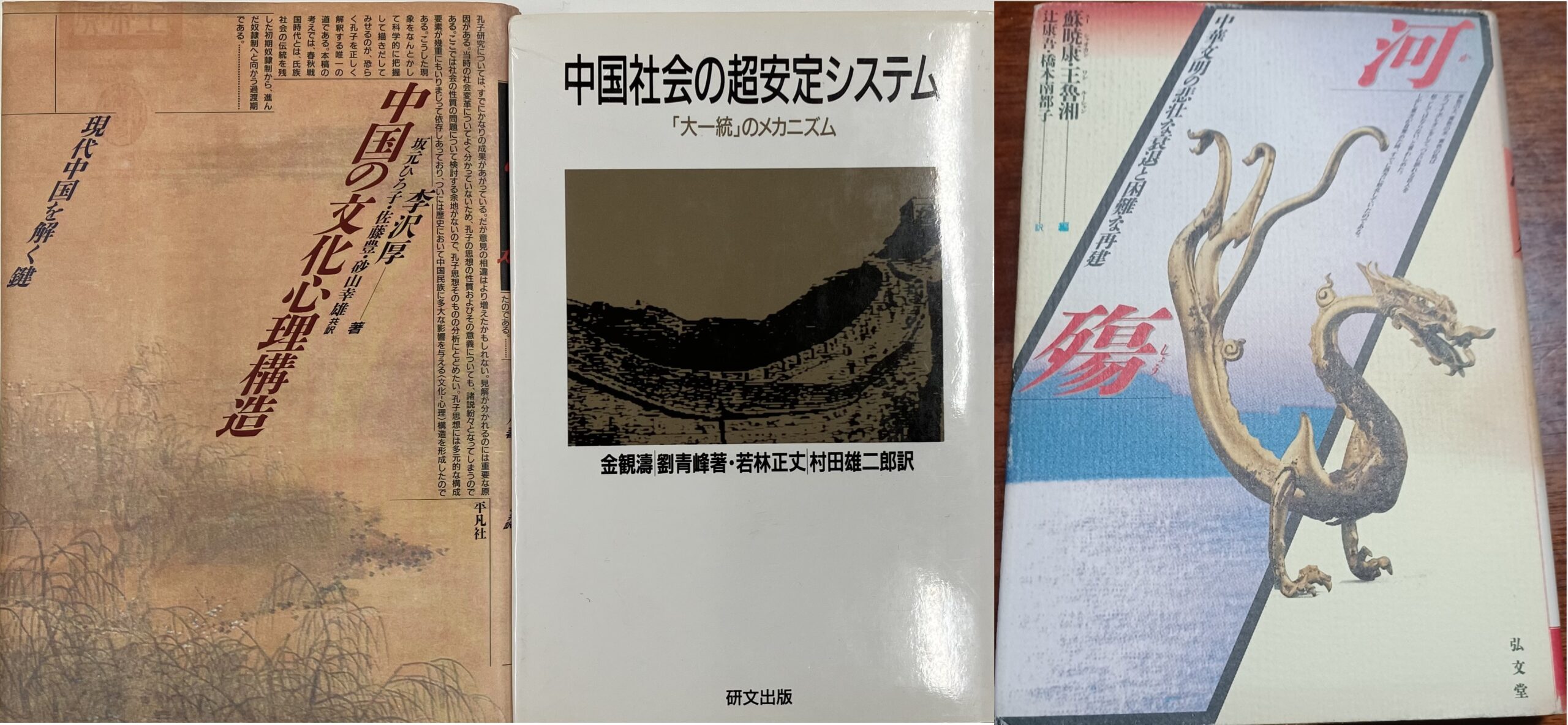 長期にわたり政治的抑圧にさらされてきた台湾社会は、大陸中国の文化ブームを受容することで新たな情報と刺激を獲得した。写真は日本語訳された李沢厚（左）・金観濤・劉青峰（中央）・『河殤』（右）の書影。（編集部撮影）