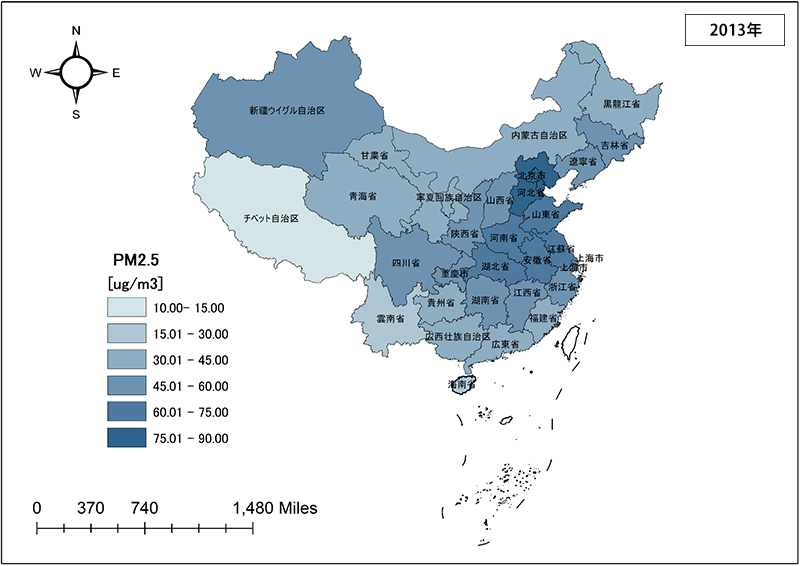 図1 中国の31省・直轄市・自治区におけるPM2.5の分布状況