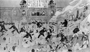 本書で史料として注目した少年雑誌の最大の特徴は、「視覚的かつ感情的にわかりやすい」表現にあり、中国は「悪役」として明確に敵視される存在として表現されたという。写真は上野公園で行われた旅順占領祝賀大会で、川上音二郎一座が公演した日清戦争劇の版画（錦絵）。（共同通信社）